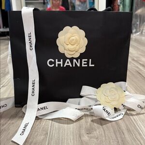 CHANEL gift Bag with White Chanel ribbons and 2 camellia Flowers